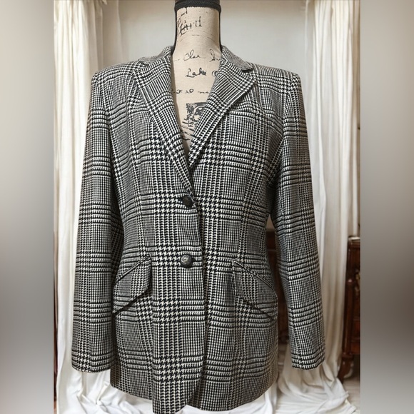 Lauren Ralph Lauren Houndstooth Twill Striped Blazer Cotton Silk Cashmere Blend